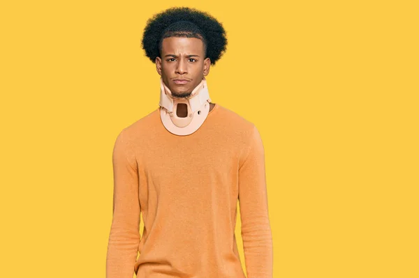 African American Man Afro Hair Wearing Cervical Neck Collar Skeptic — 图库照片