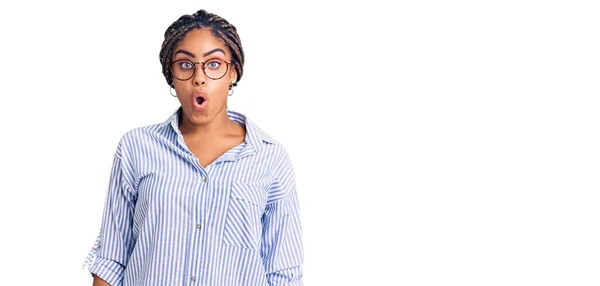 Young African American Woman Braids Wearing Casual Clothes Glasses Afraid — Stock Photo, Image