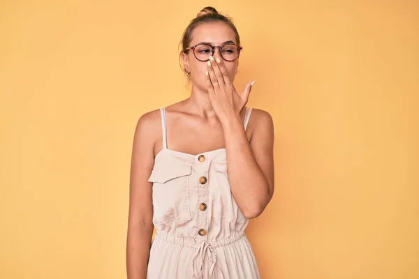 Beautiful Caucasian Woman Wearing Summer Dress Bored Yawning Tired Covering — Stock Photo, Image