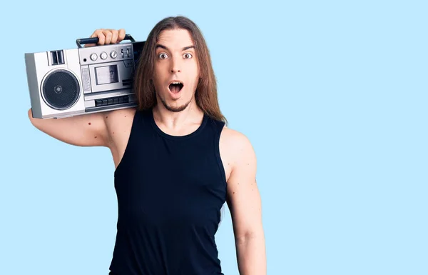 Young Adult Man Long Hair Wearing Black Clothes Holding Boombox — Stock Photo, Image