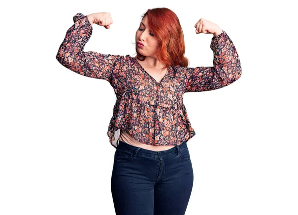 Young Beautiful Redhead Woman Wearing Casual Shirt Showing Arms Muscles — Stock Photo, Image