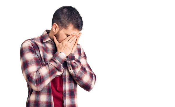 Young Handsome Man Wearing Casual Shirt Sad Expression Covering Face — Stock Photo, Image