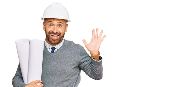 Handsome Middle Age Man Holding Paper Blueprints Celebrating Victory Happy — Stock Photo, Image