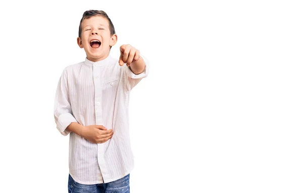 Cute Blond Kid Wearing Elegant Shirt Laughing You Pointing Finger — Stock Photo, Image