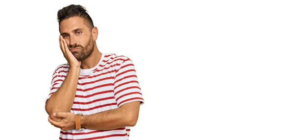 Handsome Man Beard Wearing Striped Tshirt Thinking Looking Tired Bored — Stock Photo, Image