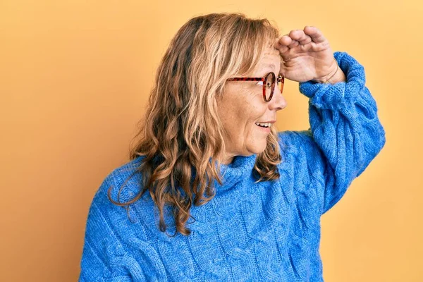 Middle Age Blonde Woman Wearing Glasses Casual Winter Sweater Very — Stock Photo, Image
