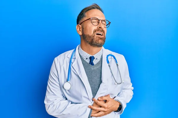 Handsome Middle Age Man Wearing Doctor Uniform Stethoscope Hand Stomach — Foto de Stock