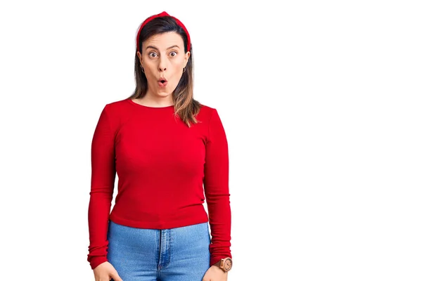 Young Beautiful Woman Wearing Casual Clothes Afraid Shocked Surprise Expression — Stock Photo, Image