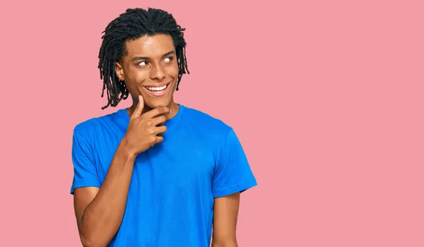 Young African American Man Wearing Casual Clothes Hand Chin Thinking — Stock Photo, Image