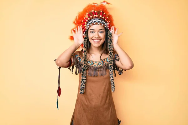 Young Beautiful Latin Girl Wearing Indian Costume Smiling Pulling Ears — Stock Photo, Image