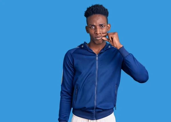 Young African American Man Wearing Sportswear Mouth Lips Shut Zip — Stock Photo, Image