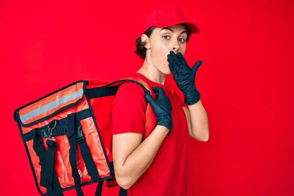 Young Hispanic Woman Holding Take Away Backpack Covering Mouth Hand — Stock Photo, Image