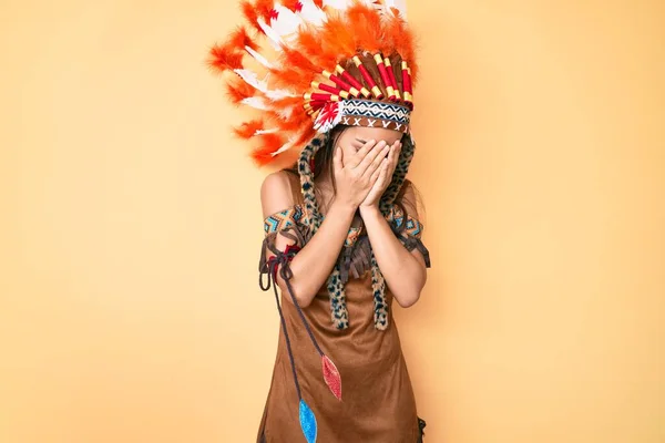 Young Beautiful Latin Girl Wearing Indian Costume Sad Expression Covering — Stock Photo, Image