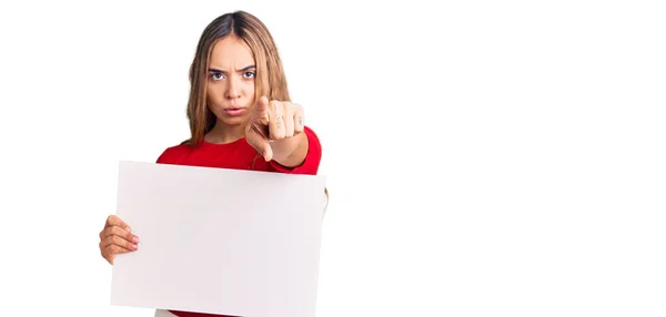 Young Beautiful Blonde Woman Holding Blank Empty Banner Pointing Finger — Stock Photo, Image