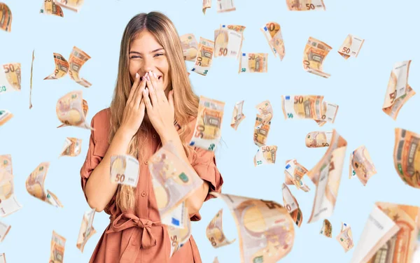 Beautiful Caucasian Woman Blonde Hair Wearing Summer Jumpsuit Laughing Embarrassed — Stock Photo, Image