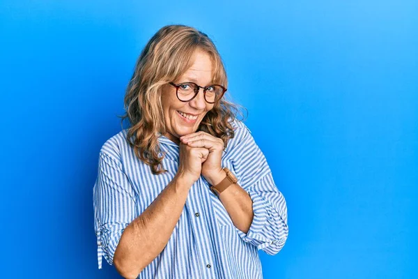 Middle Age Blonde Woman Wearing Casual Clothes Glasses Laughing Nervous — Stock Photo, Image
