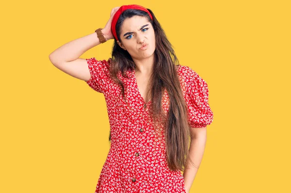 Brunette Teenager Girl Wearing Summer Dress Confuse Wondering Question Uncertain — Stock Photo, Image