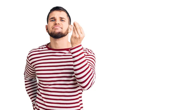 Young Handsome Man Wearing Striped Sweater Doing Italian Gesture Hand — Stock Photo, Image