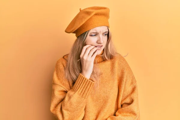 Beautiful Young Caucasian Girl Wearing French Look Beret Looking Stressed — Stock Photo, Image