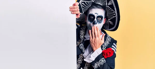 Jeune Homme Portant Jour Mexicain Costume Mort Tenant Vide Bannière — Photo