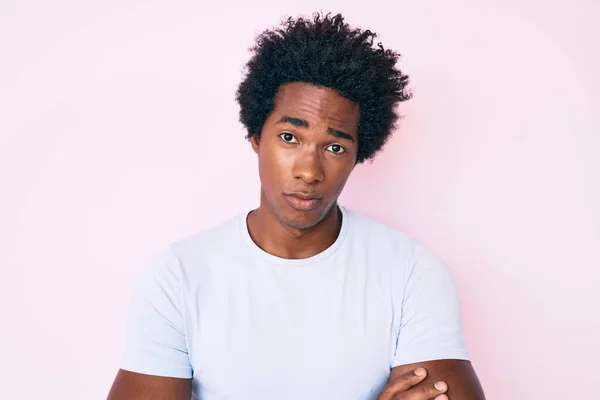 Handsome African American Man Afro Hair Wearing Casual Clothes Skeptic — Stock Photo, Image