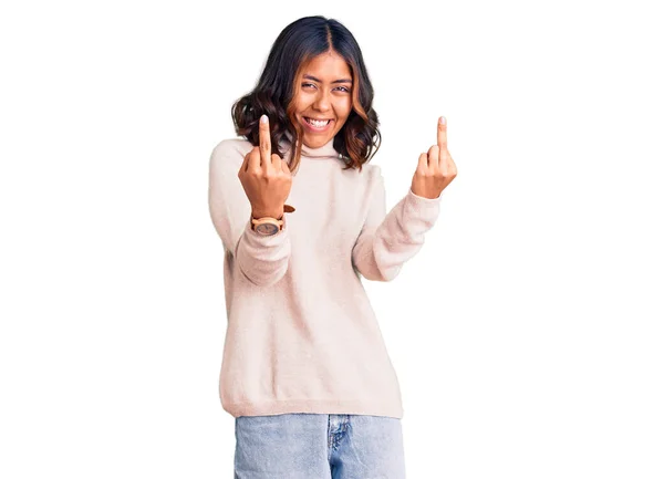 Young Beautiful Mixed Race Woman Wearing Winter Turtleneck Sweater Showing — Stock Photo, Image