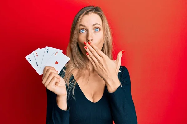 Beautiful Caucasian Woman Holding Ace Poker Cards Covering Mouth Hand — Stock Photo, Image