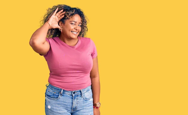 Young African American Size Woman Wearing Casual Clothes Smiling Hand — Stock Photo, Image