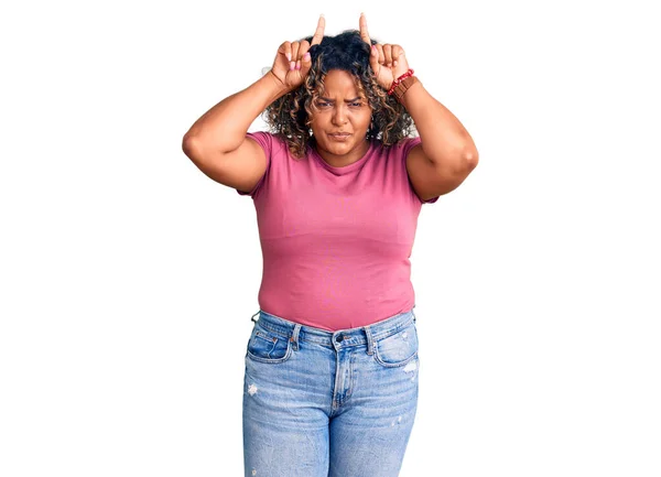 Young African American Size Woman Wearing Casual Clothes Doing Funny — Stock Photo, Image