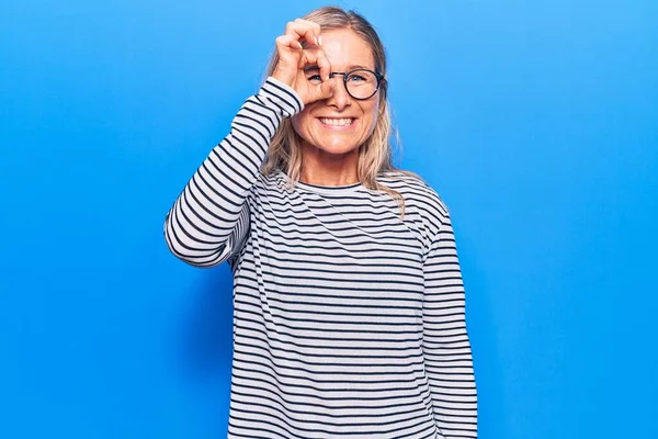 Middle Age Caucasian Blonde Woman Wearing Casual Striped Sweater Glasses — Stock Photo, Image