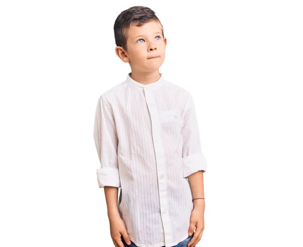 Cute Blond Kid Wearing Elegant Shirt Smiling Looking Side Staring — Stock Photo, Image