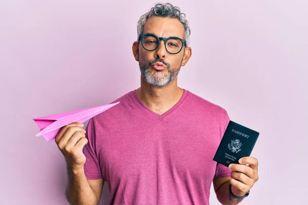 Middle Age Grey Haired Man Holding Paper Plane Passport Looking — Stock Photo, Image