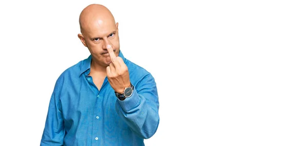 Middle Age Bald Man Wearing Casual Clothes Showing Middle Finger — 스톡 사진