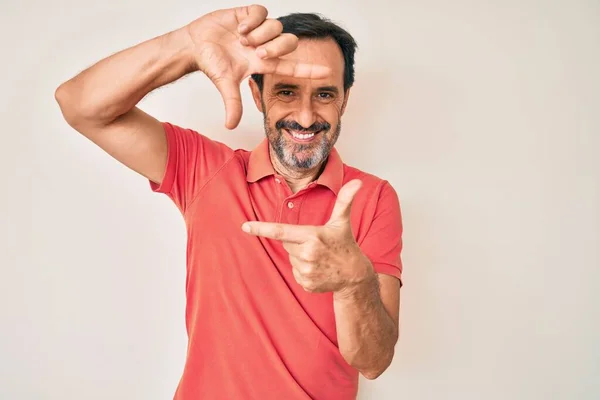 Middle Age Hispanic Man Wearing Casual Clothes Smiling Making Frame — Stock Photo, Image
