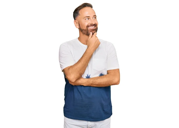 Handsome Middle Age Man Wearing Casual Tie Dye Tshirt Hand — Stock Photo, Image