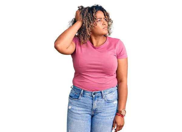 Young African American Size Woman Wearing Casual Clothes Confuse Wondering — Fotografia de Stock