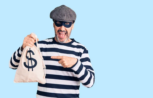 Orta Yaşlı Yakışıklı Hırsız Maskesi Takan Para Çantası Tutan Mutlu — Stok fotoğraf