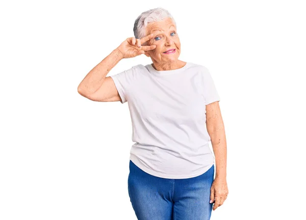 Senior Beautiful Woman Blue Eyes Grey Hair Wearing Casual White — Stock Photo, Image