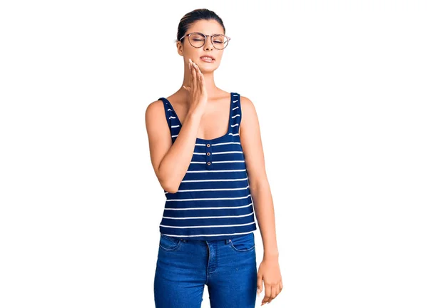 Young Beautiful Woman Wearing Casual Clothes Glasses Touching Mouth Hand — Stock Photo, Image