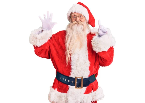 Old Senior Man Grey Hair Long Beard Wearing Traditional Santa — Stock Photo, Image