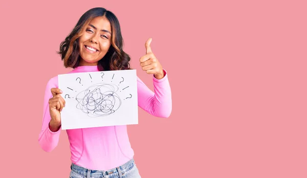 Young Beautiful Mixed Race Woman Holding Scribble Draw Smiling Happy — Stock Photo, Image