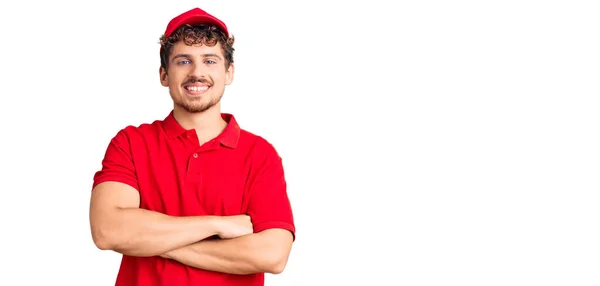 Young Handsome Man Curly Hair Wearing Delivery Uniform Happy Face — 图库照片