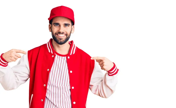 Young Handsome Man Beard Wearing Baseball Jacket Cap Looking Confident — Stockfoto