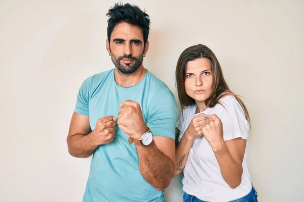 Beautiful Young Couple Boyfriend Girlfriend Together Ready Fight Fist Defense — Stockfoto