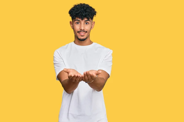 Young Arab Man Wearing Casual White Shirt Smiling Hands Palms — Stock Photo, Image