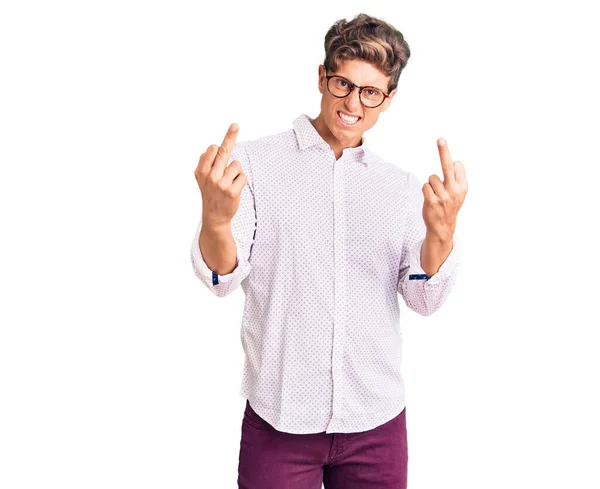 Young Handsome Man Wearing Business Clothes Glasses Showing Middle Finger — Stockfoto