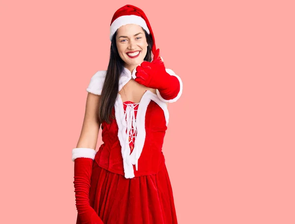 Jovem Bela Mulher Caucasiana Vestindo Traje Papai Noel Sorrindo Amigável — Fotografia de Stock