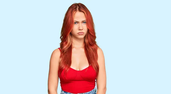 Young Redhead Woman Wearing Casual Clothes Skeptic Nervous Frowning Upset — Stock Photo, Image