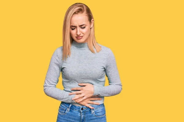 Beautiful Caucasian Woman Wearing Casual Clothes Hand Stomach Because Indigestion — Stock Photo, Image