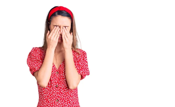 Young Beautiful Girl Wearing Dress Diadem Rubbing Eyes Fatigue Headache — Stock Photo, Image